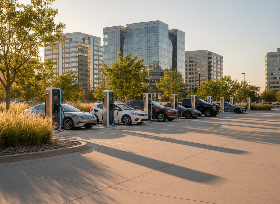 A network of sleek, modern EV fast chargers arranged in a neat row in a clean urban parking area, each with thick, coiled charging cables and subtle LED indicators glowing soft blue. Several contemporary electric vehicles of different body styles are parked and connected, emphasizing variety. The scene is framed by low-maintenance landscaping with native grasses and young trees, and a distant skyline of mid-rise office buildings. Captured in photographic realism at golden hour with warm, directional sunlight casting long, crisp shadows, the mood is optimistic and forward-looking. Shot at eye level with a wide-angle lens, maintaining sharp focus throughout to highlight the scale and organization of the infrastructure in a professional, clean, and modern style.